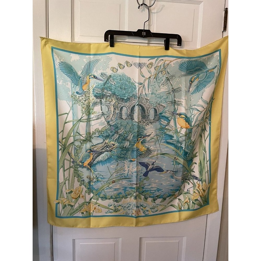 Hermes Au Bord de L'eau aqua yellow & white bird floral motif silk scarf Toutsy